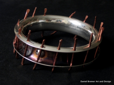Caged bangle; sterling silver, copper